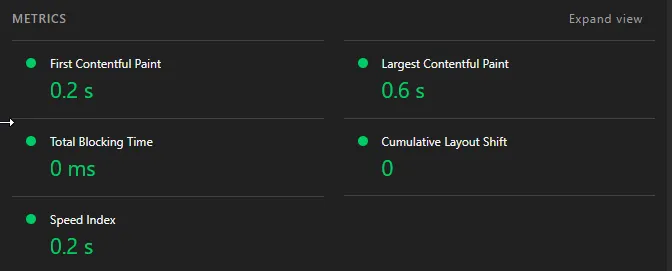 Lighthouse metrics for the Astro SSG version showing FCP 0.2s and LCP 0.6s