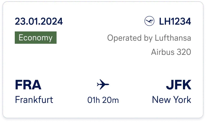 Flight card component — route, date, and flight details