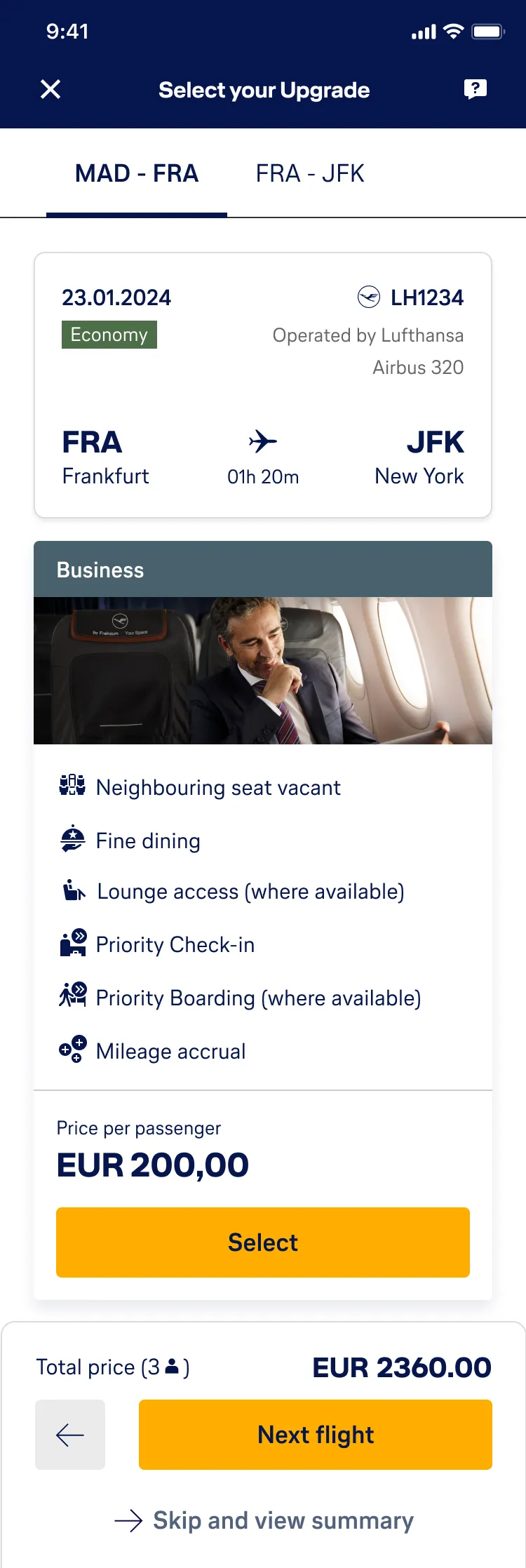 Mobile upgrade flow — seat selection screen
