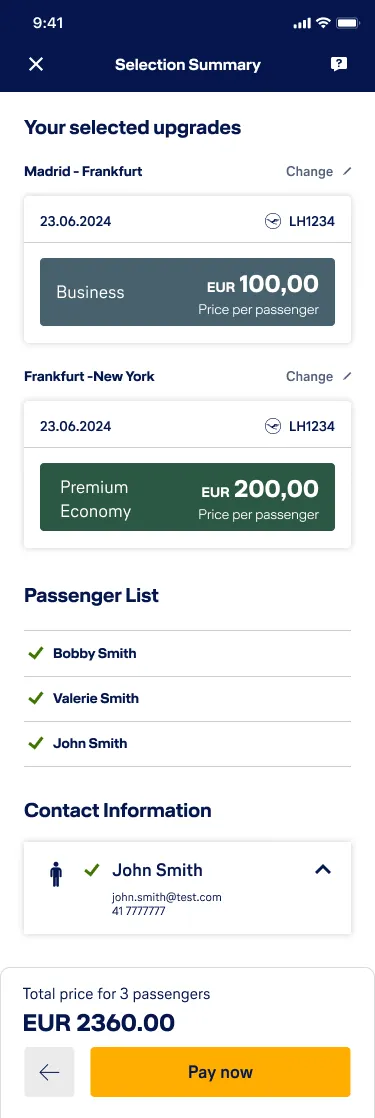 Mobile upgrade flow — selection summary screen