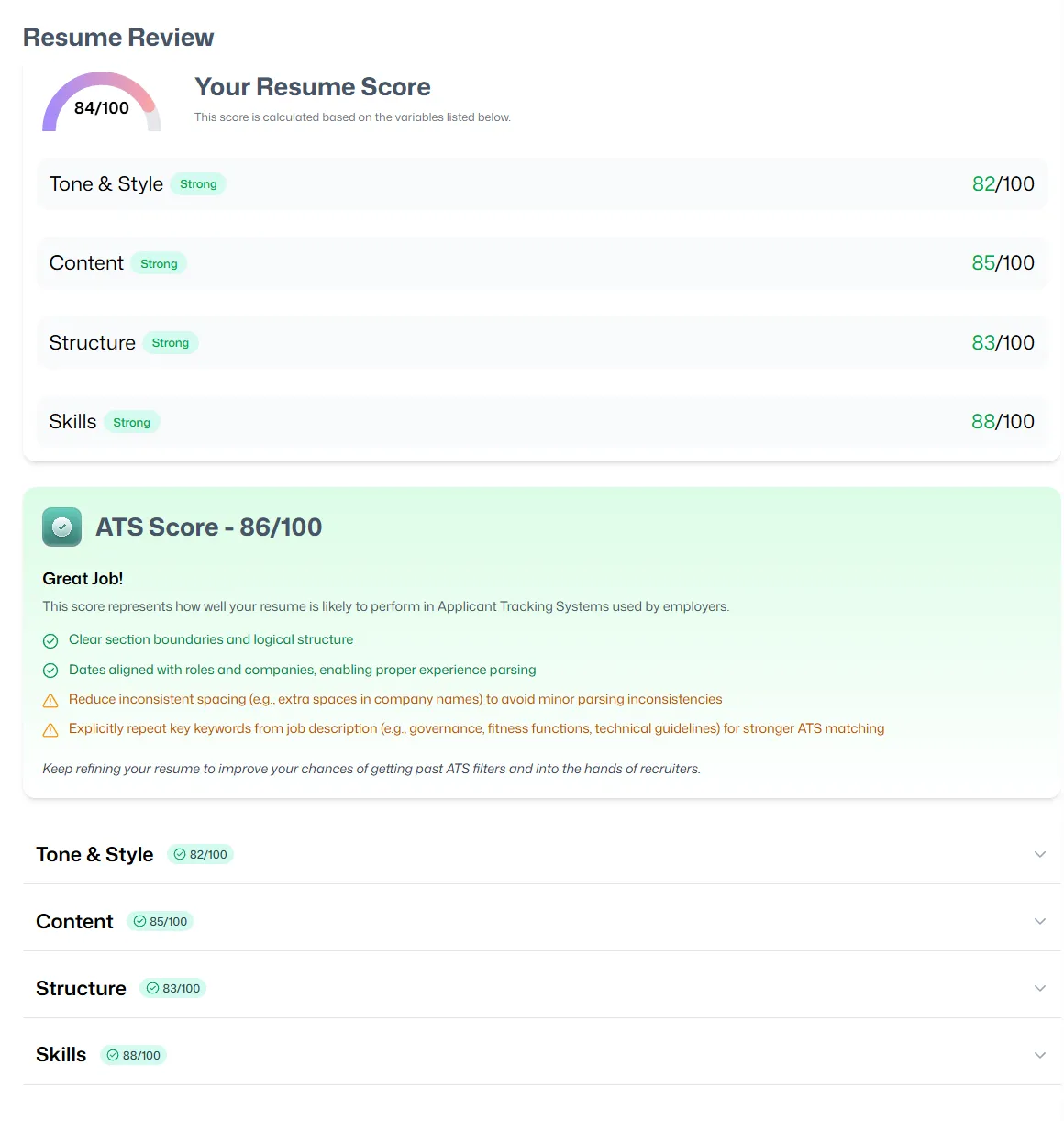 Resumer — Results overview with sticky PDF viewer and score panel
