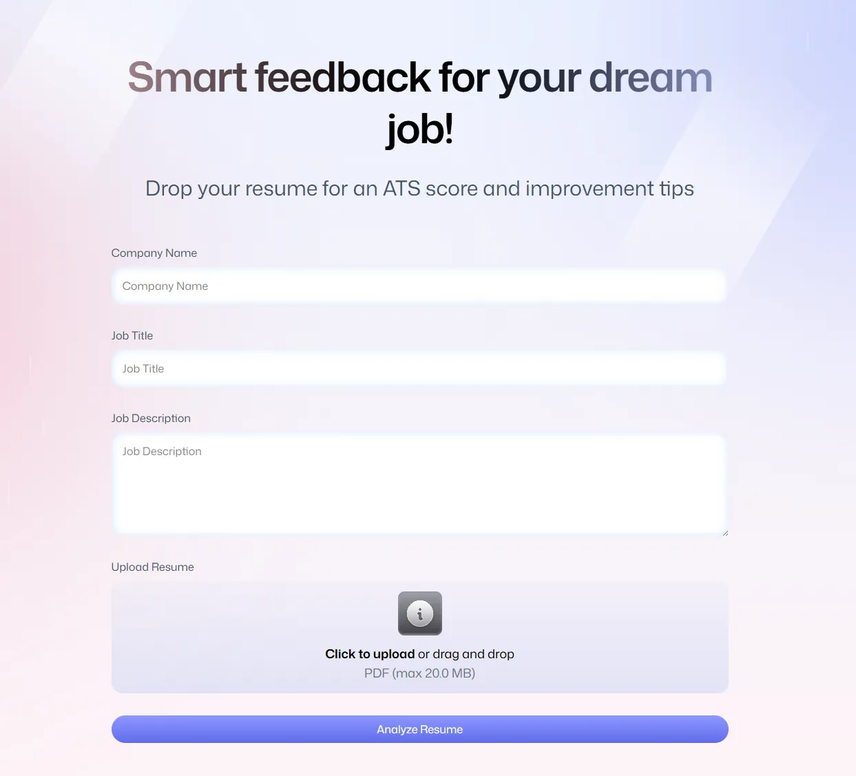 Resumer — Upload form with company, job title, job description, and PDF dropzone