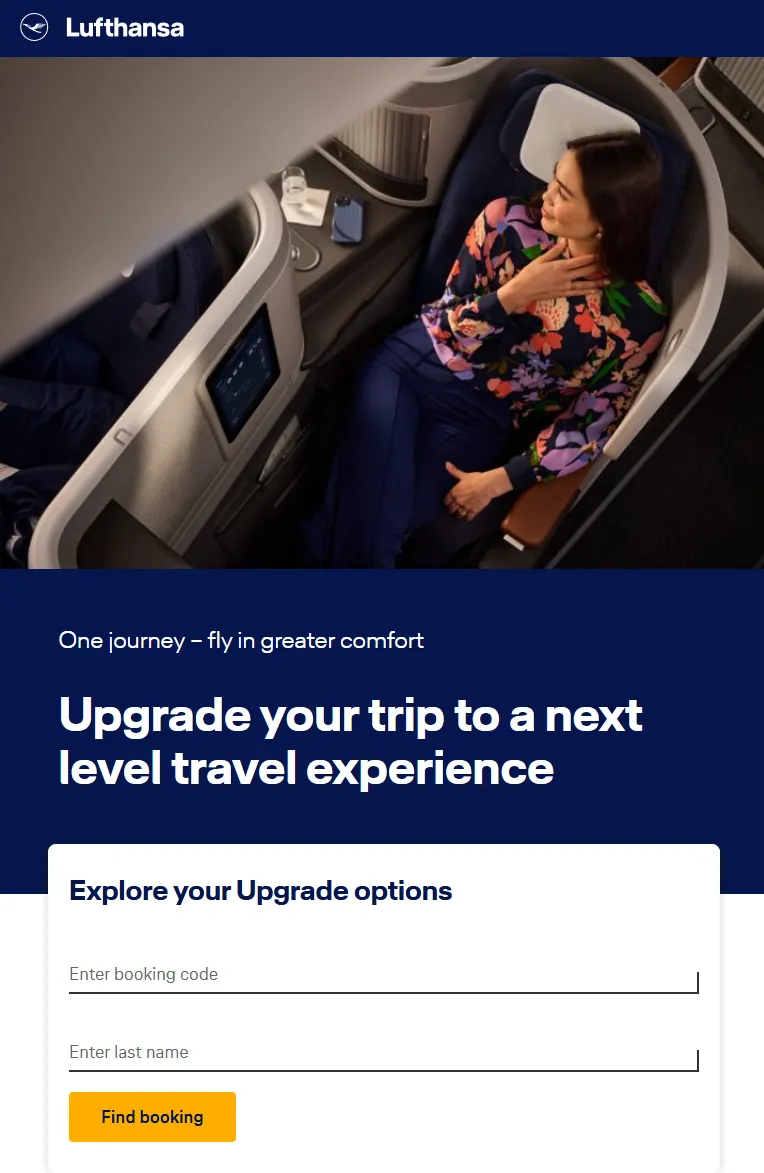 Lufthansa upgrade flow landing page
