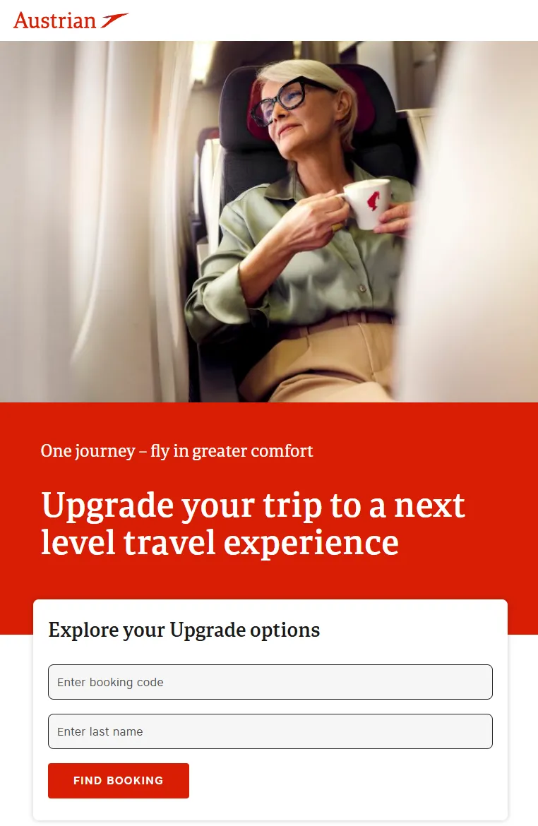 Austrian Airlines upgrade flow landing page