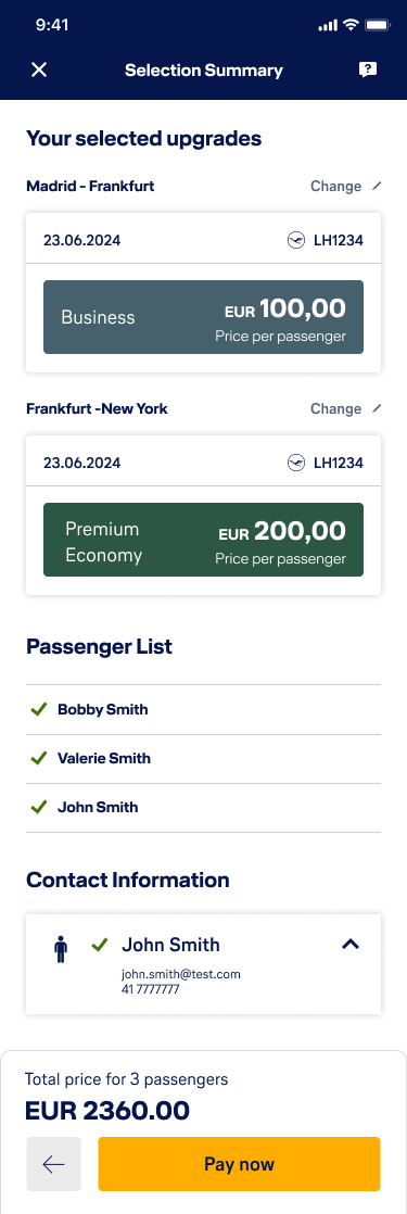 Mobile upgrade flow — selection summary screen