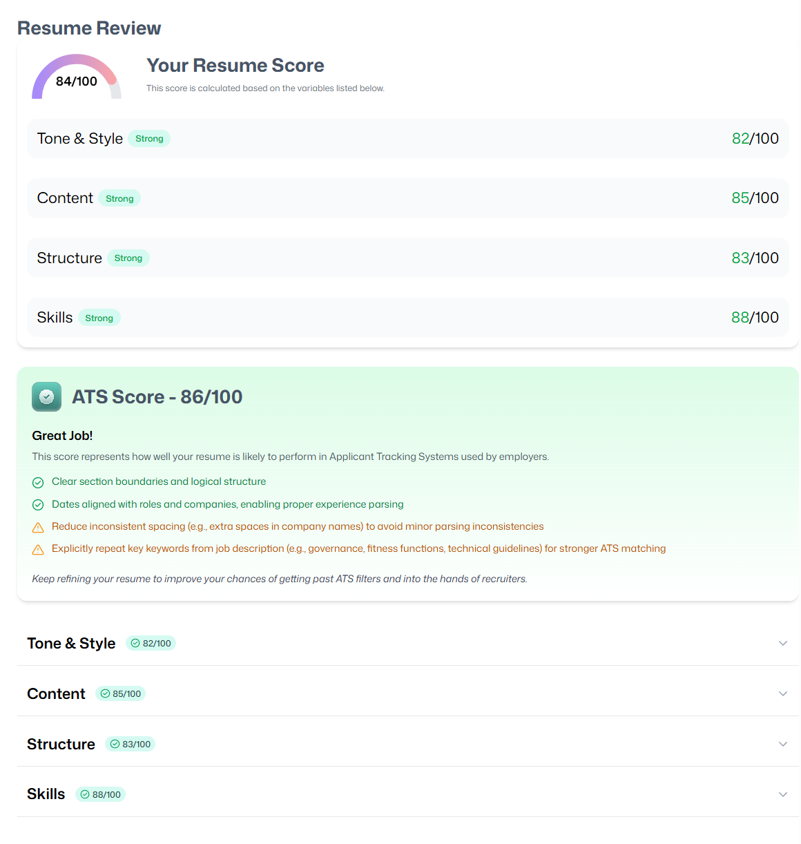 Resumer — Results overview with sticky PDF viewer and score panel