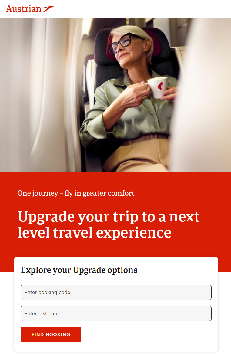 Austrian Airlines upgrade flow landing page